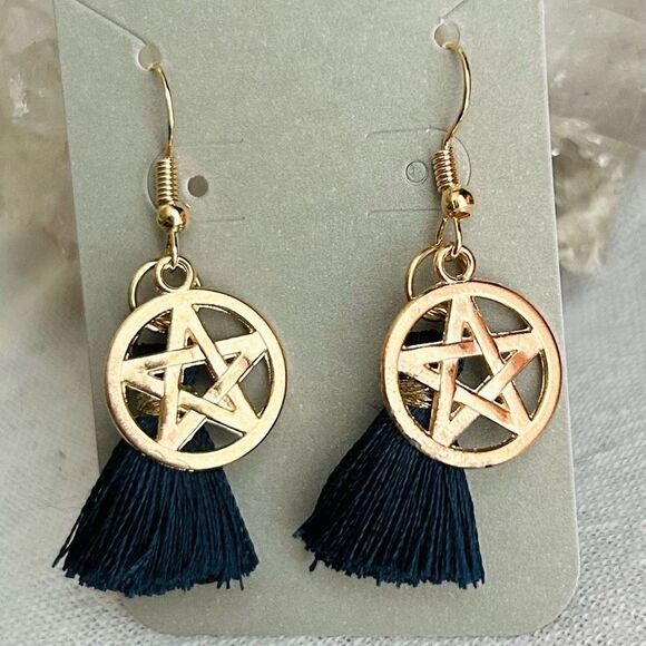 Yellow Gold Pentagram Midnight Blue Tassel Dangle Earrings - Picture 3 of 5